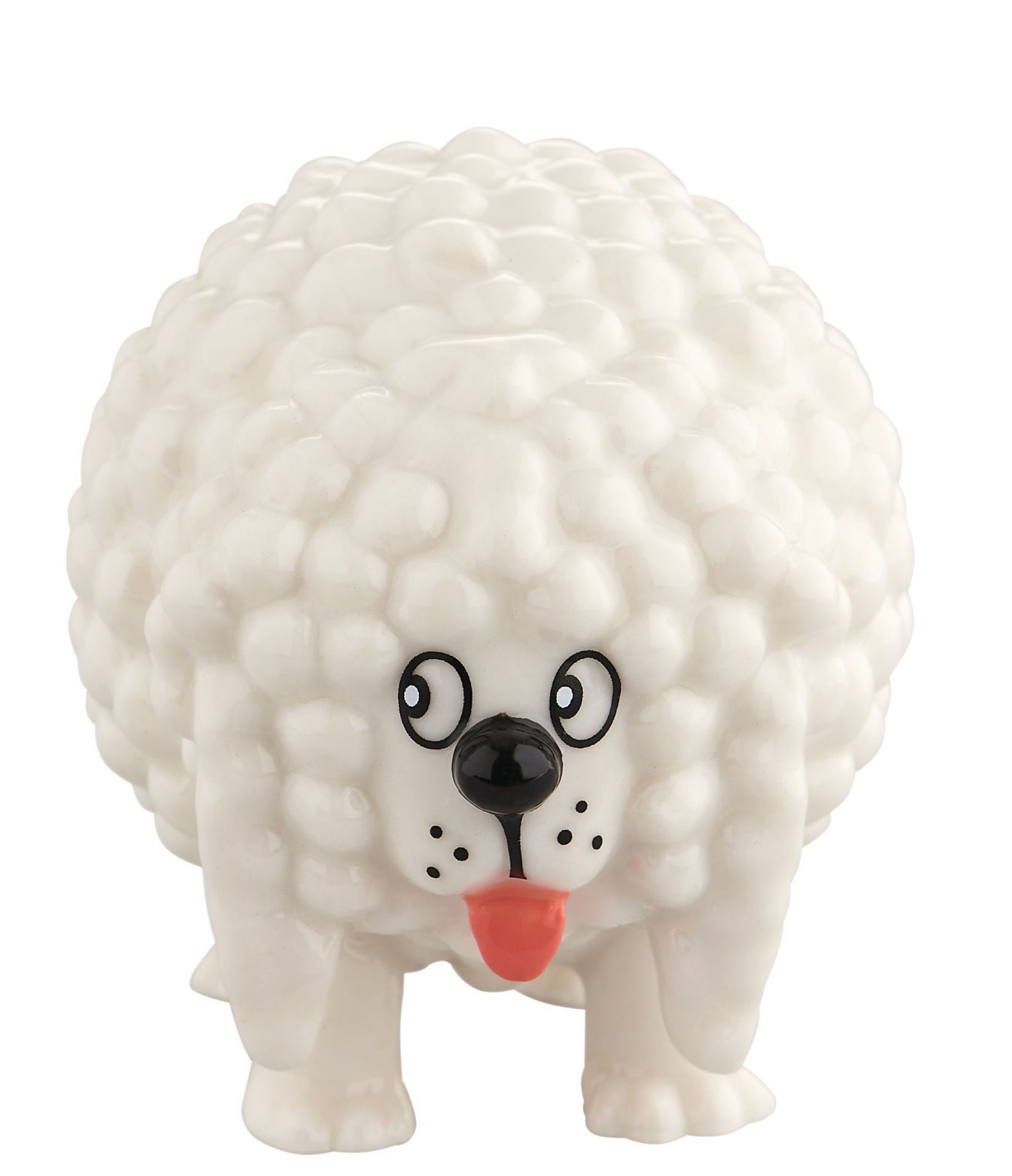 Alessi Cagnottone Spardose: Weiße Porzellanfigur in Hundeform mit herausgestreckter Zunge, dekorativ und funktional.